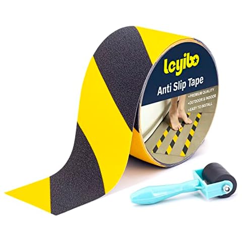 Leyibo Anti Slip Tape with Roller, 3” x 35Ft, Non Slip Safety Grip Tape for Stair Step Outdoor/Indoor, Waterproof Non Skid Tape for Bathtub, Boat, Pool, Comfortable for Bare Feet, Caution Yellow/Black Cover