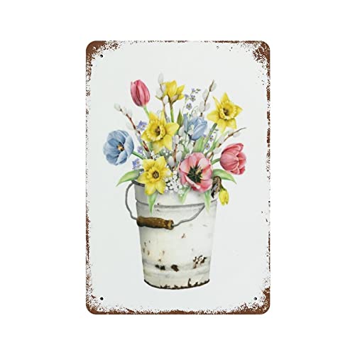 Daffodil Floral Bouquet Farmhouse Metal Tin Sign Spring Flowers Wall Decor Funny Decoration for Home Kitchen Bar Garage Vintage Retro Poster Plaque Tin Signs 8X12 Inches