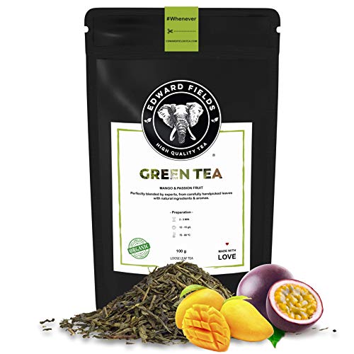 Edward Fields Tea  - Té verde orgánico a granel con Mango y Maracuya. Té bio recolectado a mano con cúrcuma, jengibre e ingredientes naturales. 100 gramos, China.