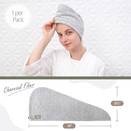 myHomeBody Hair Towel Wrap, Luxury Rapid-Dry Hair-Drying Turban, Ultra Soft and Quick Drying Absorbent Charcoal Fiber, with Coconut Shell Button - Gray