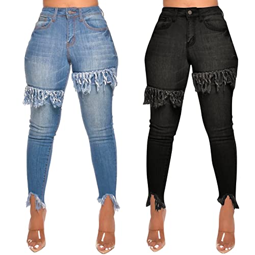 FairBeauty Women's Skinny Stretch Jeans Frayed Raw Hem Slim Fit Jeans Ripped Denim Pants Blue-a - image 9