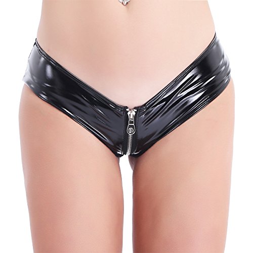 Alvivi Lencería Latex Mujer Sexy Mini Tanga de Charol Ropa Interior Elástica Slip Bikini Entrepierna Abierta Clubwear Negro Medium