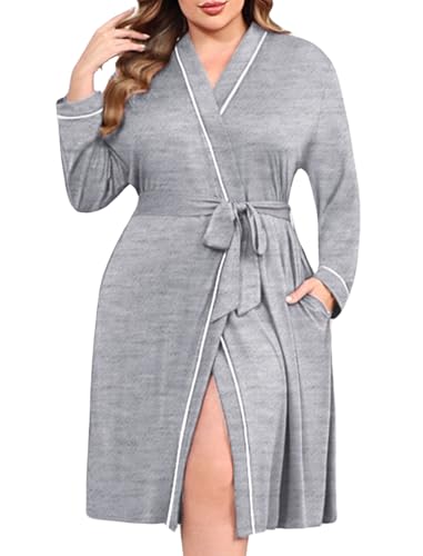 Image of Ekouaer Plus Size Robes for Women Soft Bathrobe V Neck Soft Maternity Robe