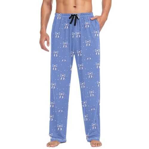 Men's Blue Polka Dots and Bows Pajama Pants with Pockets - Straight Fit Cotton Sleep Bottoms for Lounge & Nightwear