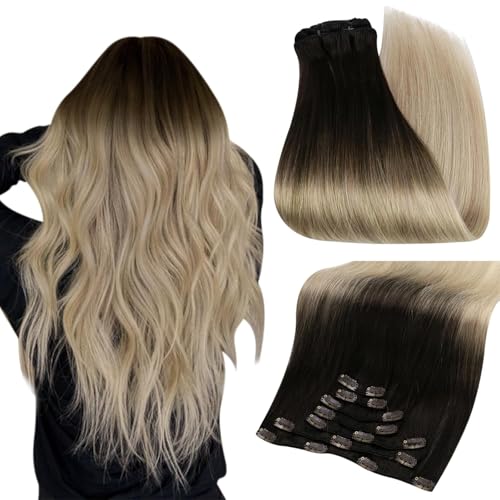 Image of Full Shine Clip in Hair Extensions 16 Inch Ombre Dark Brown to Ash Blonde Mix Platinum Blonde Natural Clip in Human Hair Extensions 120g