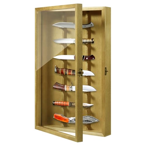 Triceratops Knife Display Case with Lockable Clear Acrylic Door, Wall Mount Wooden Knife Display Stand, Pocket Knife Display Cases for Storage, Collection, Holds up to 7 Knifes(Yellow)