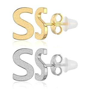 Stud Earrings for Women Set 2 Pairs 316L Hypoallergenic Gold Plated Initial Surgical Steel Earrings 26 Letter Equipped With Anti-Piercing Silicone Earring Backs (Gold+Silver)