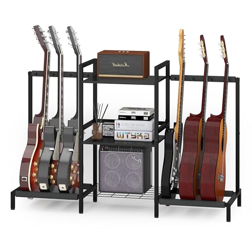 Guitar Stand 6 Space for Multiple Guitars, Multi Guitar Rack for Acoustic, Electric Guitar, Bass, Ukuleles, Guitar Amp Accessories, 29H Back Rack Guitar Display for Home Music Studio