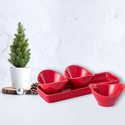 Bruntmor 4-Piece Porcelain Curvy Serving Bowl Set With Tray In Red, Porcelain Chip And Dip Bowls, Small Porcelain Dish Set For Snacks, Nuts, Chip And Dip At Party, Thanksgiving And Christmas #TOP12