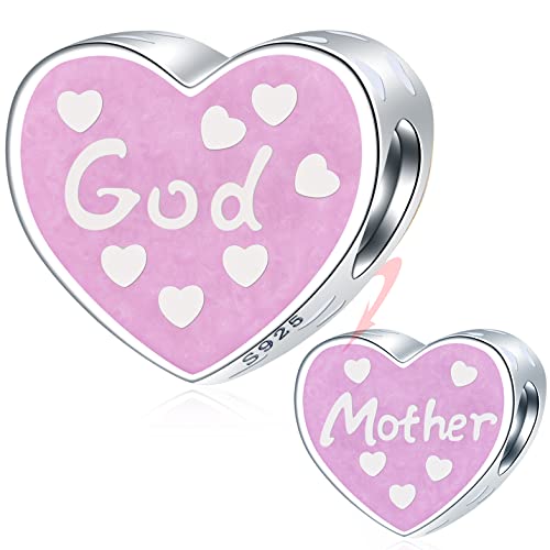 Rosa Smalto Cuore Madrina Charms, si adatta Braccialetto Festa della Mamma Pandora, 925 Argento Sterling Dio Madre Madre Amore Materno Figlia Perline, Regalo di Natale Ringraziamento