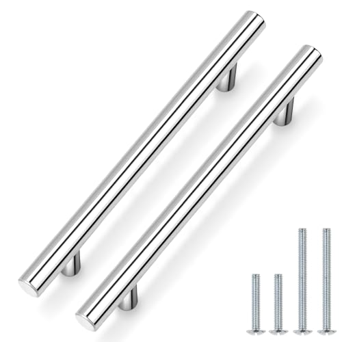 Image of Probrico 5 Pack | Chrome Kitchen Cabinet Pulls, Euro T Bar Cabinet Handles Polished Chrome Dresser Pulls Drawer Handles, 6.3 Inch Hole Centers