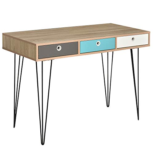 homcom Scrivania Moderna con 3 Cassetti Multicolore, Stile Nordico, in Legno e Metallo, 110x50x77.5cm