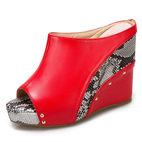 Ciuyurra Women Fashion Mules Sandals Peep Toe Wedge High Heels Slide Sandals Platform Evening Party Shoes Snake Animal Pattern Red Size 40