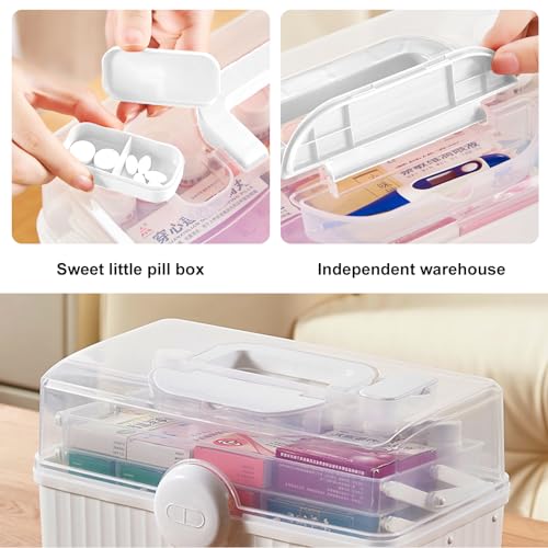 Image of First Aid Box Organizer Empty Large Capacity Supplement 3 Layers Portable Emergency Medical Organizer with Handle for Family, Office and Travel (White-Clear)