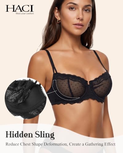 Image of HACI Women's Lace Mesh Balconette Bra Sheer Demi Scoop Neck Sexy Unlined | Underwire, see through, adjustable strap