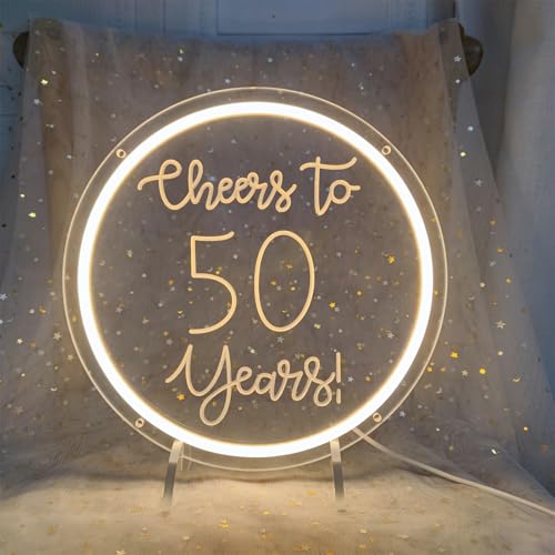 Image of Cheers to 50 Years Neon Signs for Wall Decor, 50th Anniversary Decorations LED Lights Sign 50th Birthday Decorations for Living Room Bedroom Bar Birthday Wedding Party Decor, 11 inch x 11 inch