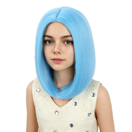 Image of Kids Blue Wig Girls Bright Blue Bob Wig Child Short Bob Wig Middle Part Wig for Kids Synthetic Wigs with Wig Cap
