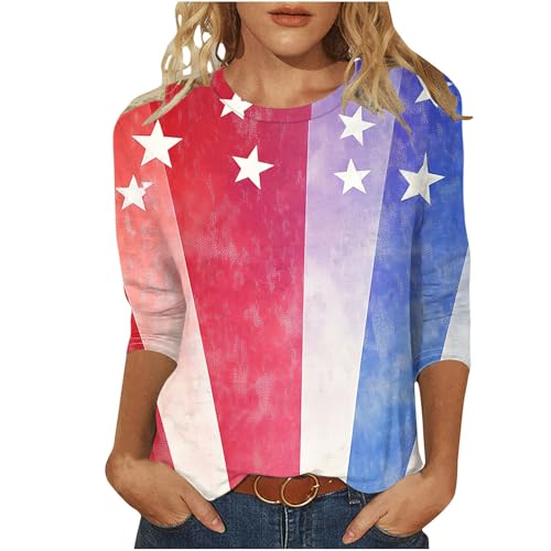 Image of Fourth of July Shirts for Women 3 /4 Sleeve Summer Tops American Flag Print T Shirt Patriotic 4th of July Shirts 2025