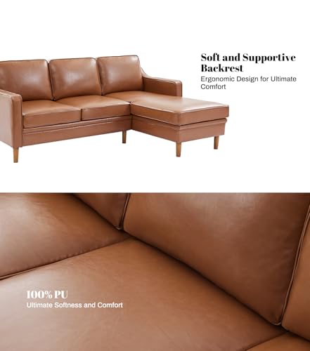 Image of Kingfun 88 inch L-Shape Sofa, Faux Leather Sectional Couch, Mid Century Modern Couches with Solid Wood Frame for Living Room Bedroom