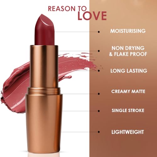 Image of One Wish Creamy Matte Lipstick Long Lasting for Women - Lowkey Red Shade 20 | Full Coverage | Creamy Formula | No Flaky Lips | No Dryness | High-Pigment | SPF | Vitamin E, Almond Oil & Shea Butter for Moisturising Lip | 8 Hrs Lasting | Smooth Finish | 3.8 gm