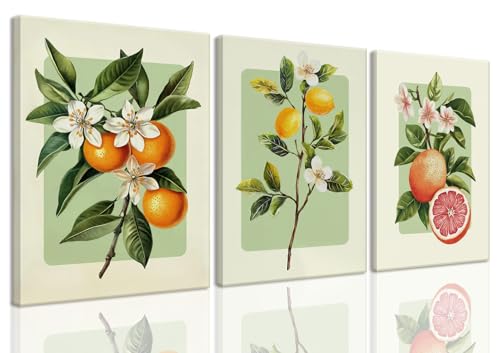 LHHJDIO 3 Piece Vintage Fruit Canvas Wall Art Trendy Kitchen Wall Art Boho Orange...