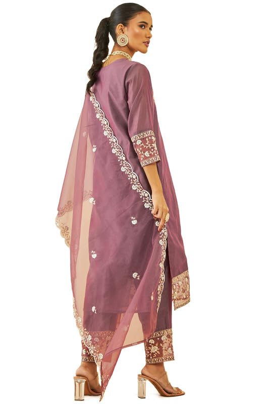 Image of Soch Womens Onion Pink Chanderi Floral Embroidered Straight Suit Set with Sheer Panels