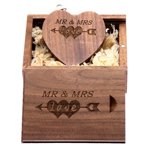 Clé USB en bois LXSINO avec gravure au laser Mr & Mrs Design - Pilotes de clé USB en forme de cœur de 32 Go en bois avec boîtier correspondant pour cadeau...