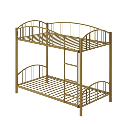 Bunk Bed Twin Over Twin with Stairs and Arched Guardrail, Sturdy Metal Slats Support, Space Saving, Noise Free, No Box Spring Needed, Ideal for Kid Room and Dorm, Gold