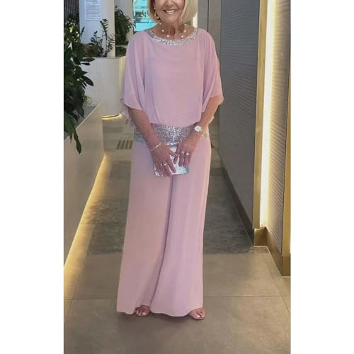 ZOCAVIA Women's Elegant Chiffon 2 Piece Sparkly Sequin Crewneck Batwing Blouses Tops Flowy Wide Leg Pant Wedding Party Outfit4