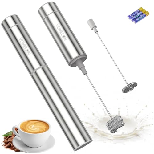 Milk Frother Handheld, Battery Operated Travel Coffee Frother Milk Foamer Drink Mixer with 2 Stainless Steel Whisks for Hot Chocolate, Batteries Included, Silver