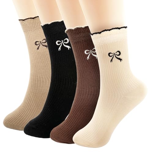 4 Pairs Women's Ribbed Crew Socks, Cute Bow Print Mid-Calf Ankle Sock, Soft Cotton Ruffle Socks for Girls & Ladies, Fashion Coquette-Style Knit Socks for Casual Wear and Gift