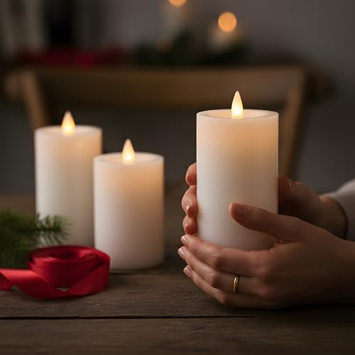 Image of Flameless Pillar Candles Flickering with Remote Timer, Battery Operated LED Candles Up to 400 Hours, 3D Moving Flame Real Wax Candles, Set of 3, D3 x H4, 5 inch, 6 inch,Remote Included(Ivory)