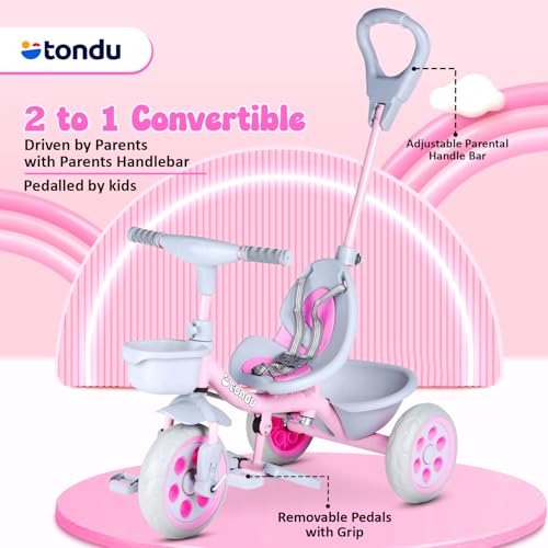 Image of TONDU Kiddo Tricycle for Kids /Baby with Storage Basket | Seat Belt with Parental Control Baby Tricycle (Pink)