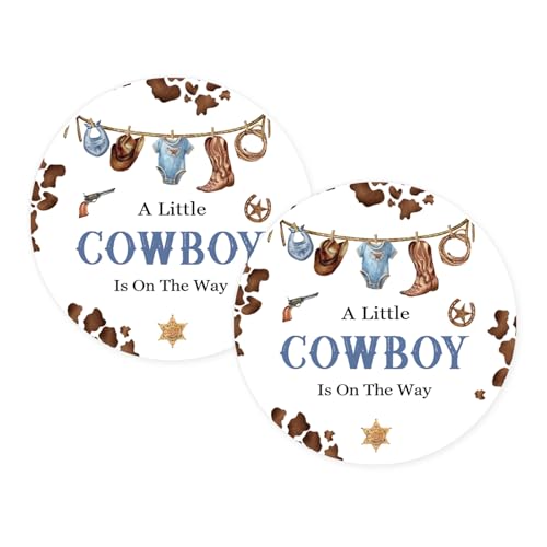 50pcs A Little Cowboy is On The Way Stickers, Western Cowboy Baby Shower Stickers Labels for Wild West First Birthday/Gender Reveal Party Favors - 50pcs