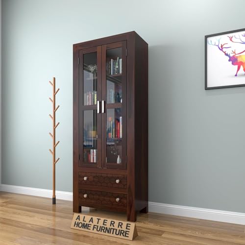 Image of Solid Sheesham Wood Bookshelf with Acrylic Glass Door & Storage Drawers | Rosewood Display Cabinet for Living Room & Office (Walnut Finish)