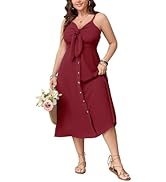 SCOMCHIC Plus Size Summer Dresses Tie Front V-Neck Spaghetti Strap Button Down A-Line Midi Dress