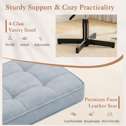 Image of LUE BONA Adjustable Vanity Stool, 15''-19.5'' Foot Rest Under Desk, 360 Swivel Vanity Chair for Makeup Room, Blue Upholstered Faux Leather Ottoman for Bathroom & Living Room, 300lbs