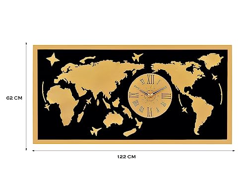 Image of METSY Metal Laser Cut (World Map with Analogue Clock) with LED Strip Lighting | World Clock Map for Wall |(Golden World map) (4x2) feet | Metal Wall Art | Wall Decor Items
