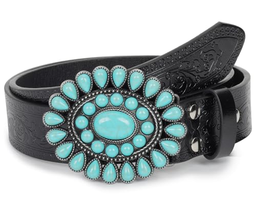 Vintage Western Turquoise Cowboy Belt for Women, Genuine Leather Embossed Cowgirl Waist Belt, 28-38