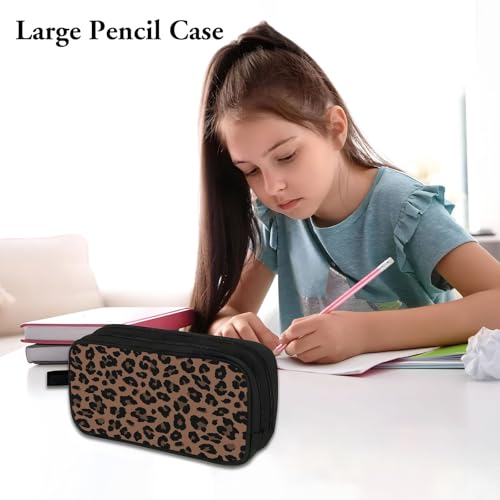 Image of WOBAGMEN Double Layer Pencil Case with Handle Large Pencil Bag Cute Print Pencil Pouch for Boys Girls (Brown Leopard)