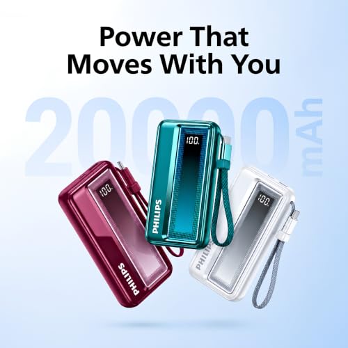 Image of Philips DLP2721NC /94 20000mAh 45W Fast Charging Power Bank with Built-in Type-C Cable (Chrystal Teal) | Digital LED Display | Lithium Polymer | 2 Type-C & USB-A | Pocket Size | Travel-Friendly