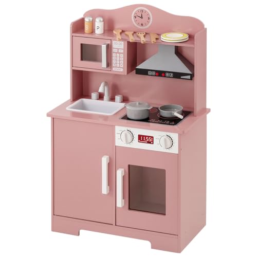 ぼん家具 おままごと キッチン 木製 音が出る 光る 調理器具 小物 10点セット 流し台 電子レンジ オーブン コンロ 扉付き収納 子供用キッチン 知育玩具 プレゼント ピンク