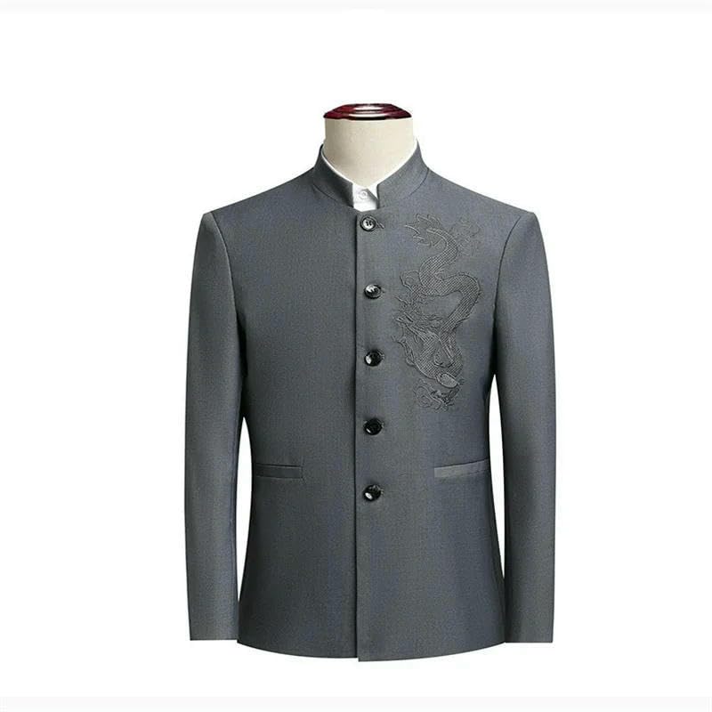 Men’s Zhongshan Suit Jacket Mandarin Collar Blazer Dragon Embroidery Slim Fit Stand Collar Button Chinese Tunic Suit2