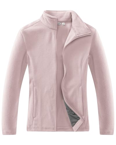 33,000ft Damen Fleecejacke mit Durchgehendem Reißverschluss Stehkragen Damen Leichte Fleece Jacke Outdoor Damenjacke für Wandern und Freizeit,Hellrosa M