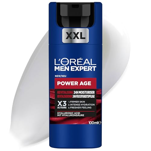 L'Oréal Crema hidratante para hombre, Antiarrugas y antienvejecimiento, Con ácido hialurónico hidratante para el envejecimiento, Para pieles secas y apagadas, Men Expert Power Age, 100ml