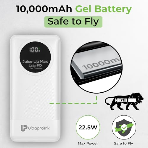 Image of UltraProlink Power Bank 10000mah Fast Charging|22.5W QC-PD -PPS Fast Charging Battery Bank|with USB-C & iPhone Cable|Digital Display|Power Bank for Tablets & Smartphones|Juice-Up Slim|UM1330