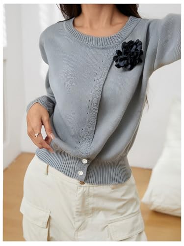Women's 3D Floral Wrap Sweater Crew Neck Long Sleeve Knit Pullover Tops4