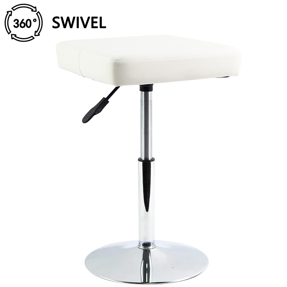 FURWOO Taburete Cuadrado de Cuero Silla de Ocio Taburete de Bar Giratorio Ajustable en Altura sin Respaldo para Garaje Barbero Blanco