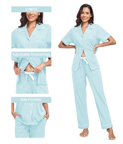 Image of CF Womens 100% Cotton Pajamas Set Button Down Pjs Sets Short Sleeve Top & Long Pants Sleepwear Comfy Loungewear with Pockets