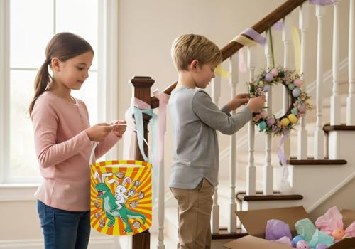 Image of Dinosaur Basket Kids Storage Bins Gift Basket Rectangular Cute Toy Storage Box Book Shelf Bin Dinosaur Room Decor(Easter Dinosaurs)